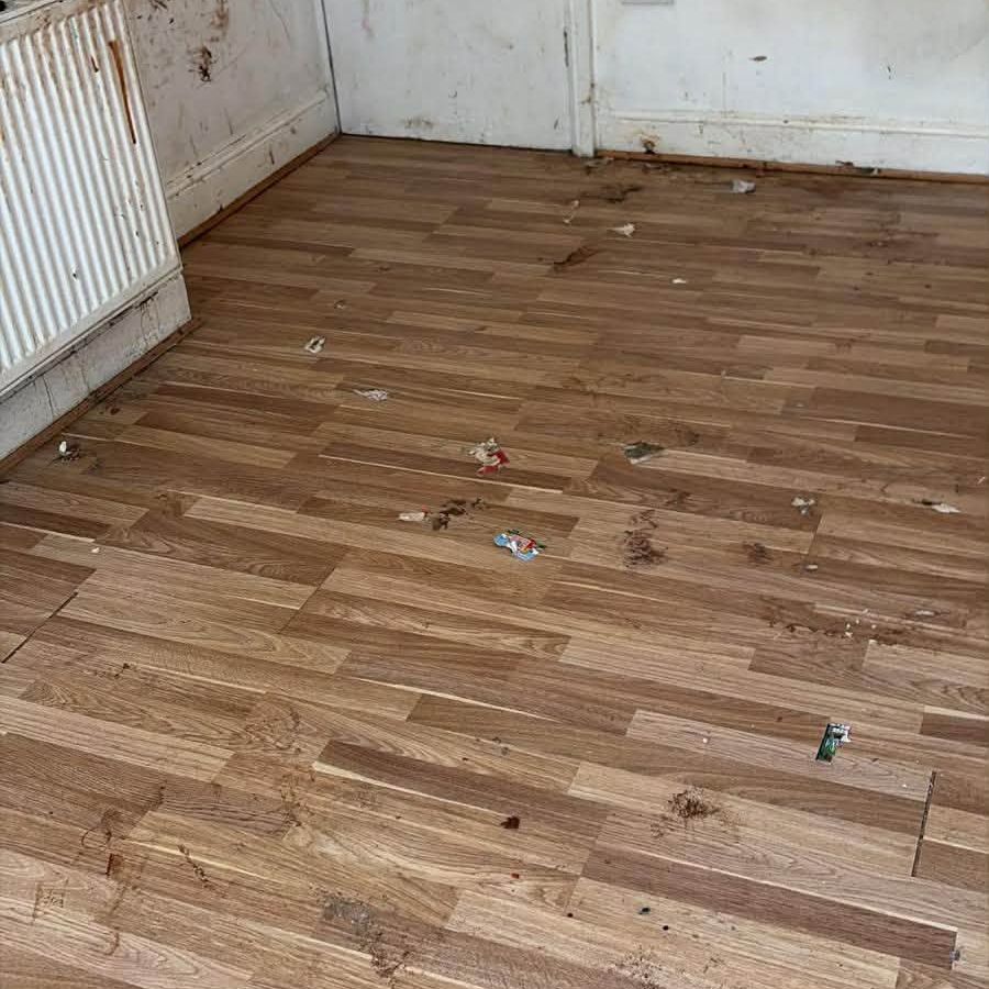 Empty swept wooden floor after a full flat clearance